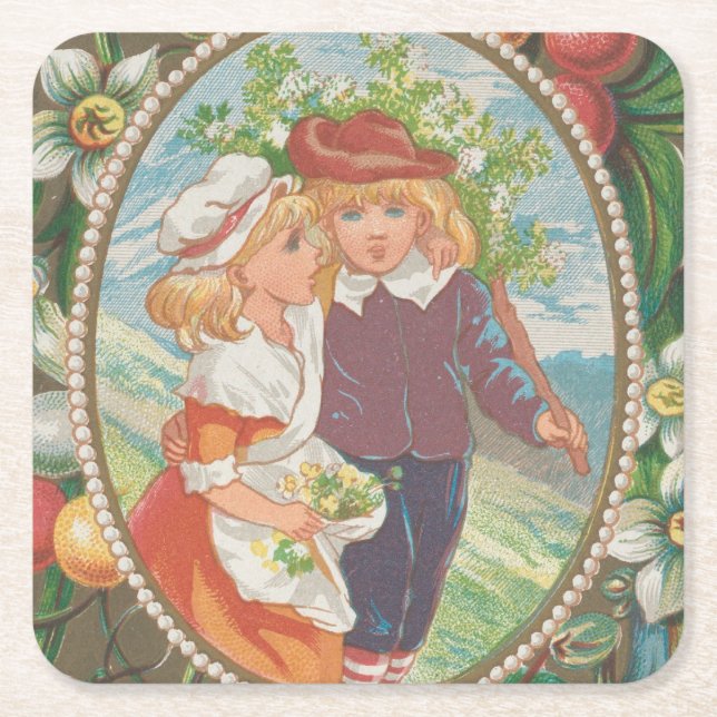 Antique Quirky Valentine, Victorian Era, 1874 Square Paper Coaster (Front)