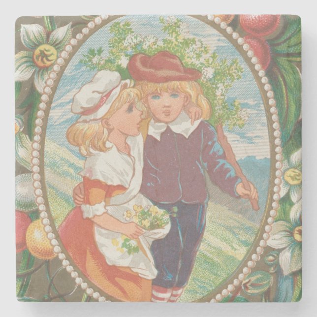 Antique Quirky Valentine, Victorian Era, 1874 Stone Coaster (Front)