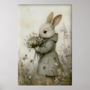 Antique Rabbit Flowers Print, Easter Bunny Poster