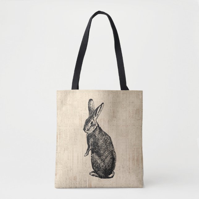 Antique Rabbit Illustration Bunny Art with Script Tote Bag (Front)