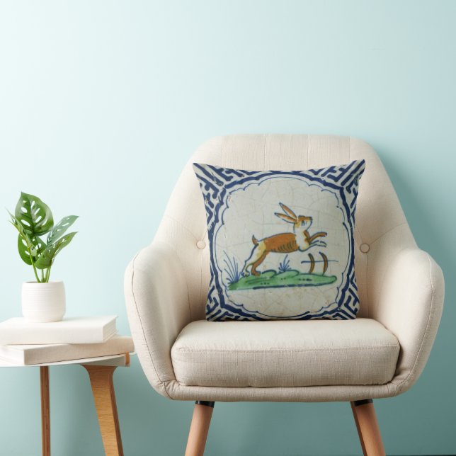 Antique Rabbit Tile Blue White Delft Hare Cushion (Chair)