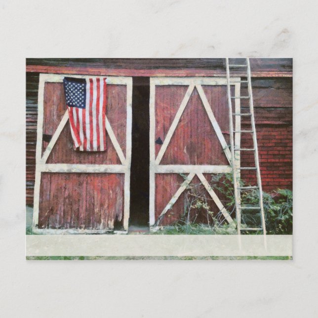 Antique Red Barn Doors With a Flag and Old Ladder Postcard (Front)