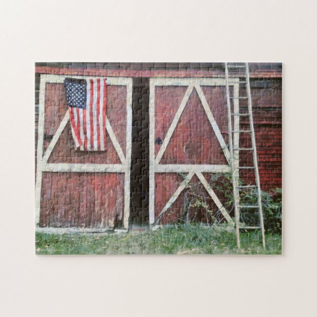 Antique Red Barn Doors With Flag & Orchard Ladder Jigsaw Puzzle (Horizontal)