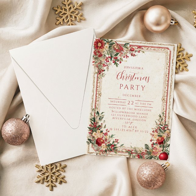 Antique Red Berry Baroque Christmas Invitation (Creator Uploaded)