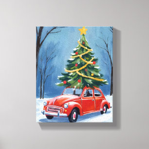Antique Red Car Christmas Tree Canvas Print
