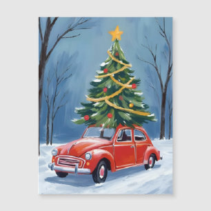 Antique Red Car Christmas Tree Magnetic Card