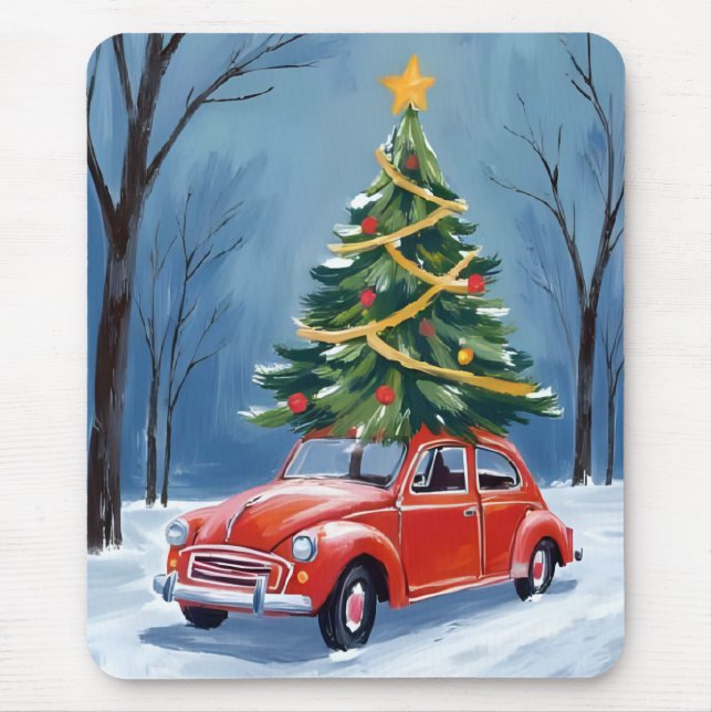 Antique Red Car Christmas Tree Mouse Pad (Front)