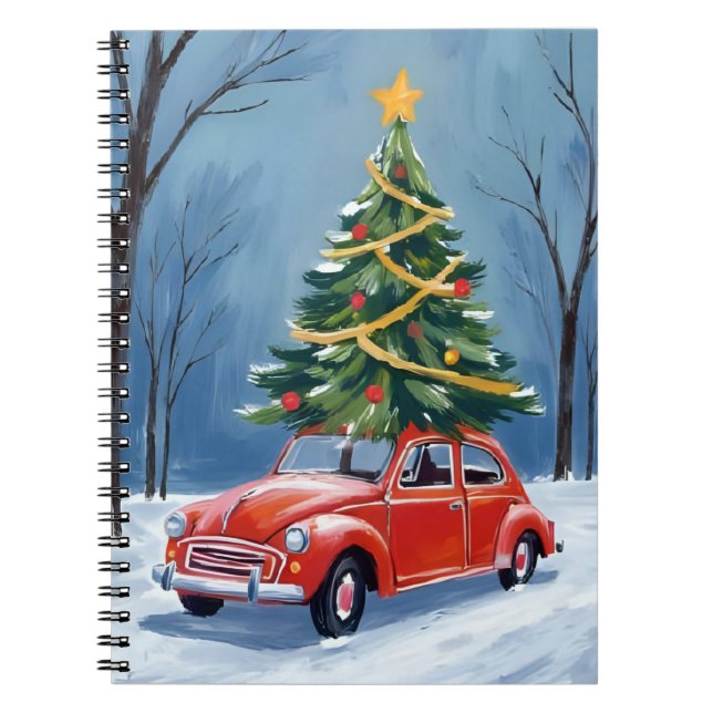 Antique Red Car Christmas Tree Notebook (Front)
