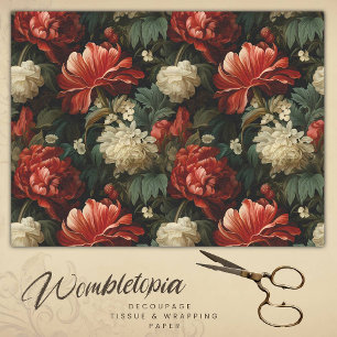 Antique Red & Cream Floral  Decoupage Tissue Paper