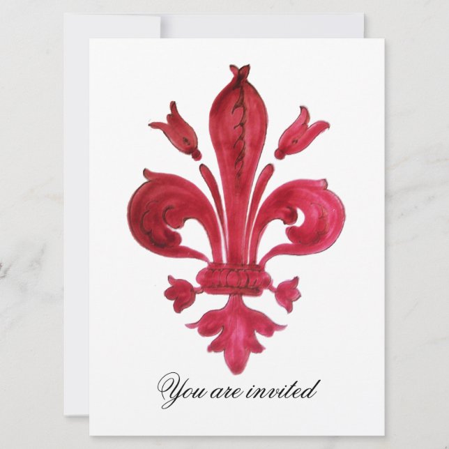 ANTIQUE RED FLEUR DE LIS Damask Gem Monogram Invitation (Front)