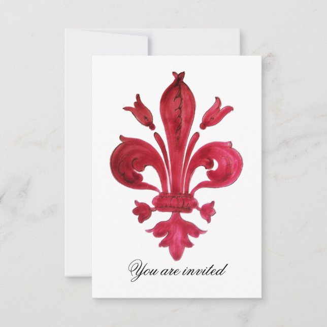 ANTIQUE RED FLEUR DE LIS Damask Gem Monogram Invitation (Front)