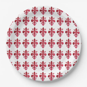 ANTIQUE RED FLEUR DE LIS IN WHITE Floral Pattern Paper Plate
