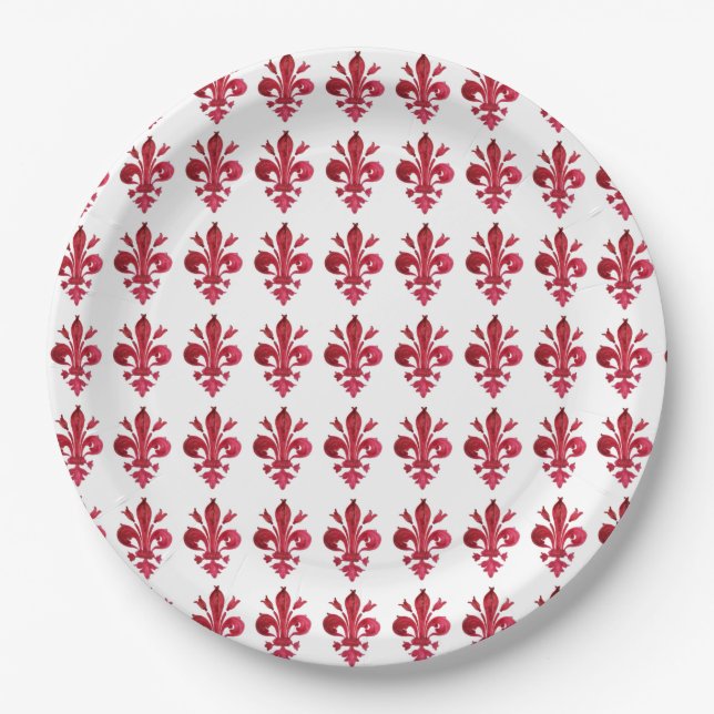 ANTIQUE RED FLEUR DE LIS IN WHITE Floral Pattern Paper Plate (Front)