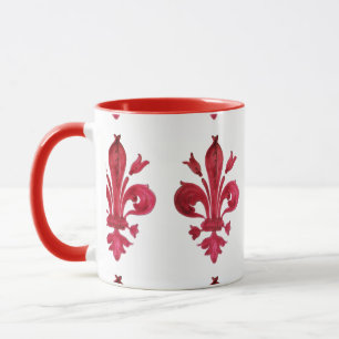 ANTIQUE RED FLEUR DE LIS IN WHITE Heraldic Floral  Mug
