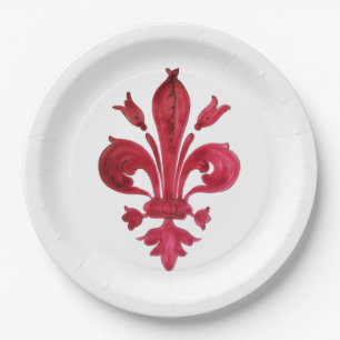 ANTIQUE RED FLEUR DE LIS IN WHITE Heraldic Floral Paper Plate