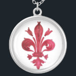 ANTIQUE RED FLEUR DE LIS IN WHITE Heraldic Floral  Silver Plated Necklace<br><div class="desc">Antique Florentine red lily heraldic vintage</div>