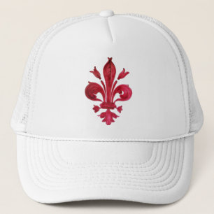 ANTIQUE RED FLEUR DE LIS IN WHITE Heraldic Floral Trucker Hat