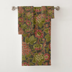 Antique Red Floral and Grapes Botanical Pattern Bath Towel Set