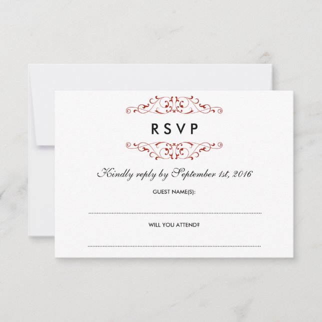 Antique Red Flourish Wedding RSVP Card (Front)