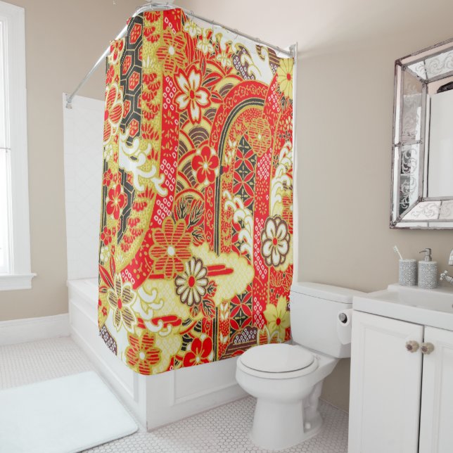 Antique Red Gold Japanese Kimono Floral Flower Shower Curtain (In Situ)