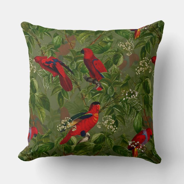 Antique Red Parrot Floral Jungle Pattern Cushion (Front)