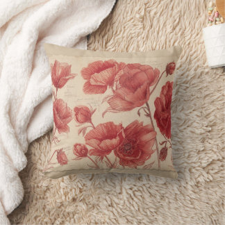 Antique Red Poppy Botanical Throw Pillow
