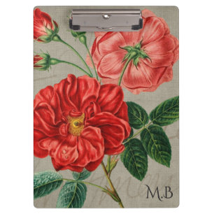Antique Red Rose Art on Grey Clipboard