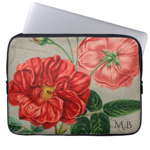 Antique Red Rose Art on Grey Monogram Laptop Sleeve