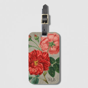 Antique Red Rose Art on Grey Monogram Luggage Tag