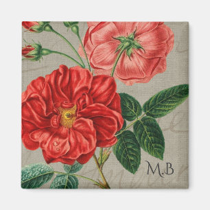 Antique Red Rose Art on Grey Monogram Magnet