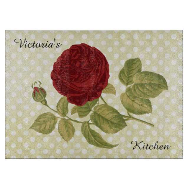 Antique Red Rose Parchment Polka Dots Cutting Board (Front)
