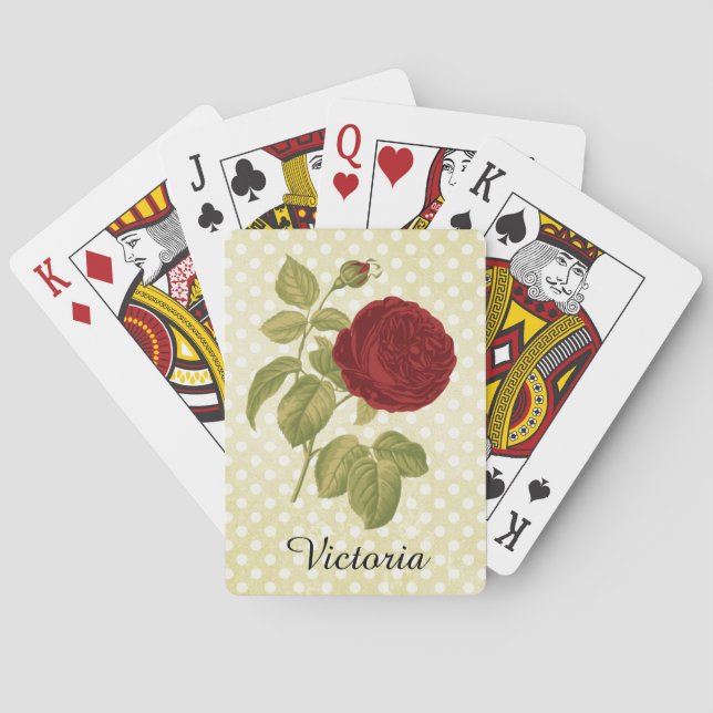 Antique Red Rose Parchment Polka Dots Personalised Playing Cards (Back)