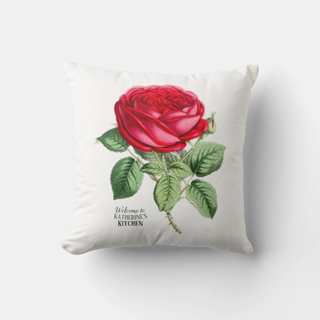 Antique Red Rose Your Choice of Text Cushion (Front)