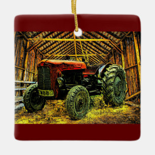 Antique Red Tractor Rustic Barn Ceramic Ornament