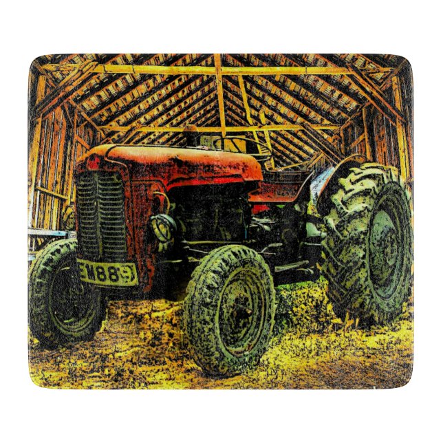 Antique Red Tractor Rustic Barn Cutting Board (Front)