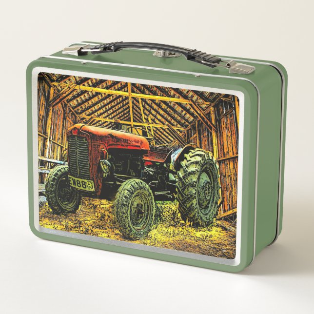 Antique Red Tractor Rustic Barn Metal Lunch Box (Back)