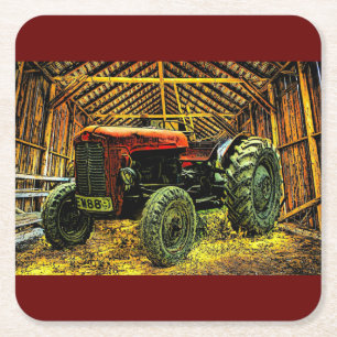 Antique Red Tractor Rustic Barn Square Paper Coaster