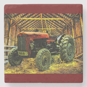 Antique Red Tractor Rustic Barn Stone Coaster