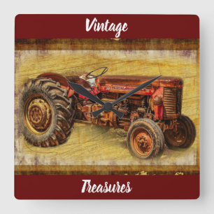 Antique Red Tractor Square Wall Clock