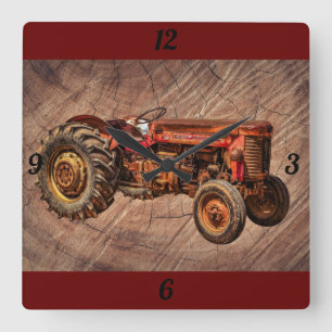 Antique Red Tractor Square Wall Clock