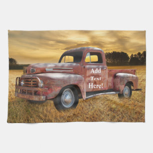 Antique Red Truck Farm Field Sunset Tea Towel