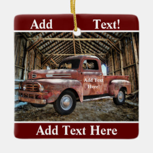 Antique Red Truck In Rustic Barn Ceramic Ornament