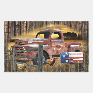 Antique Red Truck Rooster Hen Barn Vintage Truck Rectangular Sticker