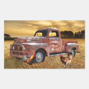 Antique Red Truck Rooster Hen Farm Field Sunset Rectangular Sticker