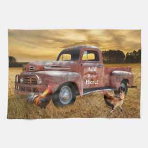 Antique Red Truck Rooster Hen Farm Field Sunset Tea Towel
