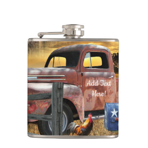 Antique Red Truck Vintage Red Truck Farm Truck Hip Flask