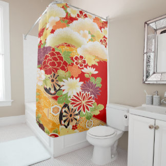 Antique Red White Japanese Kimono Floral Flower Shower Curtain