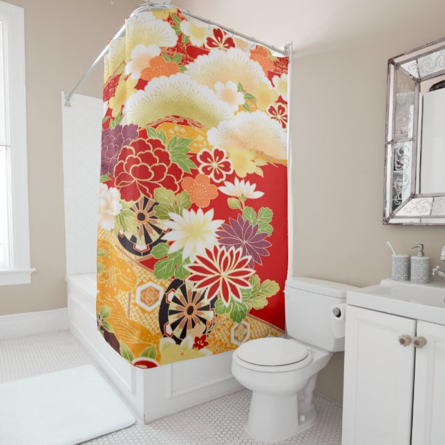 Antique Red White Japanese Kimono Floral Flower Shower Curtain (In Situ)