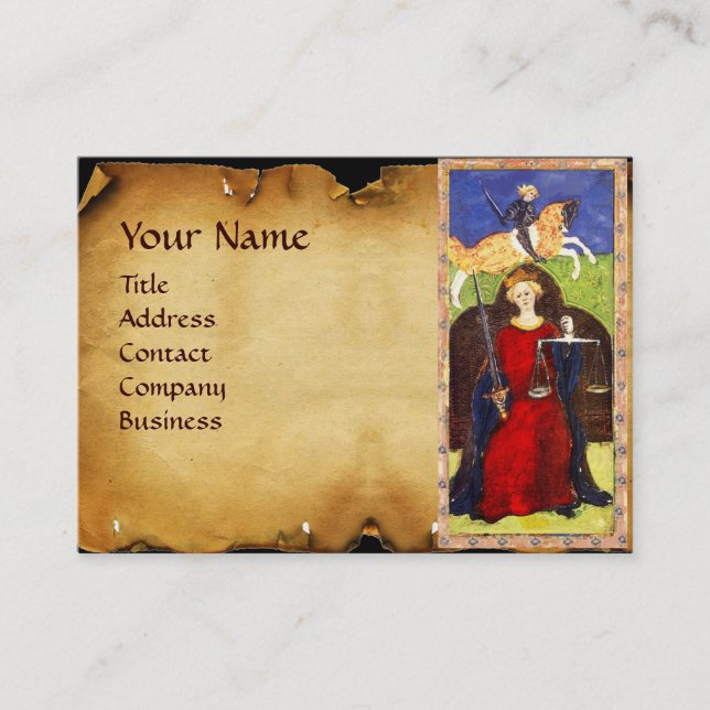 ANTIQUE RENAISSANCE TAROTS, JUSTICE Parchment Business Card (Front)
