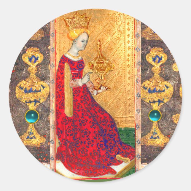 ANTIQUE RENAISSANCE TAROTS  / QUEEN OF CUPS CLASSIC ROUND STICKER (Front)